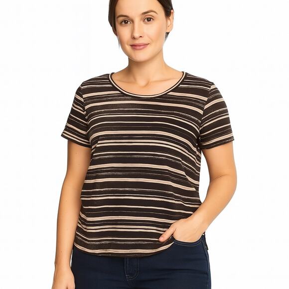 Jones New York Brown & Tan Striped Short Sleeve Tee Shirt - Size Large - Picture 1 of 5